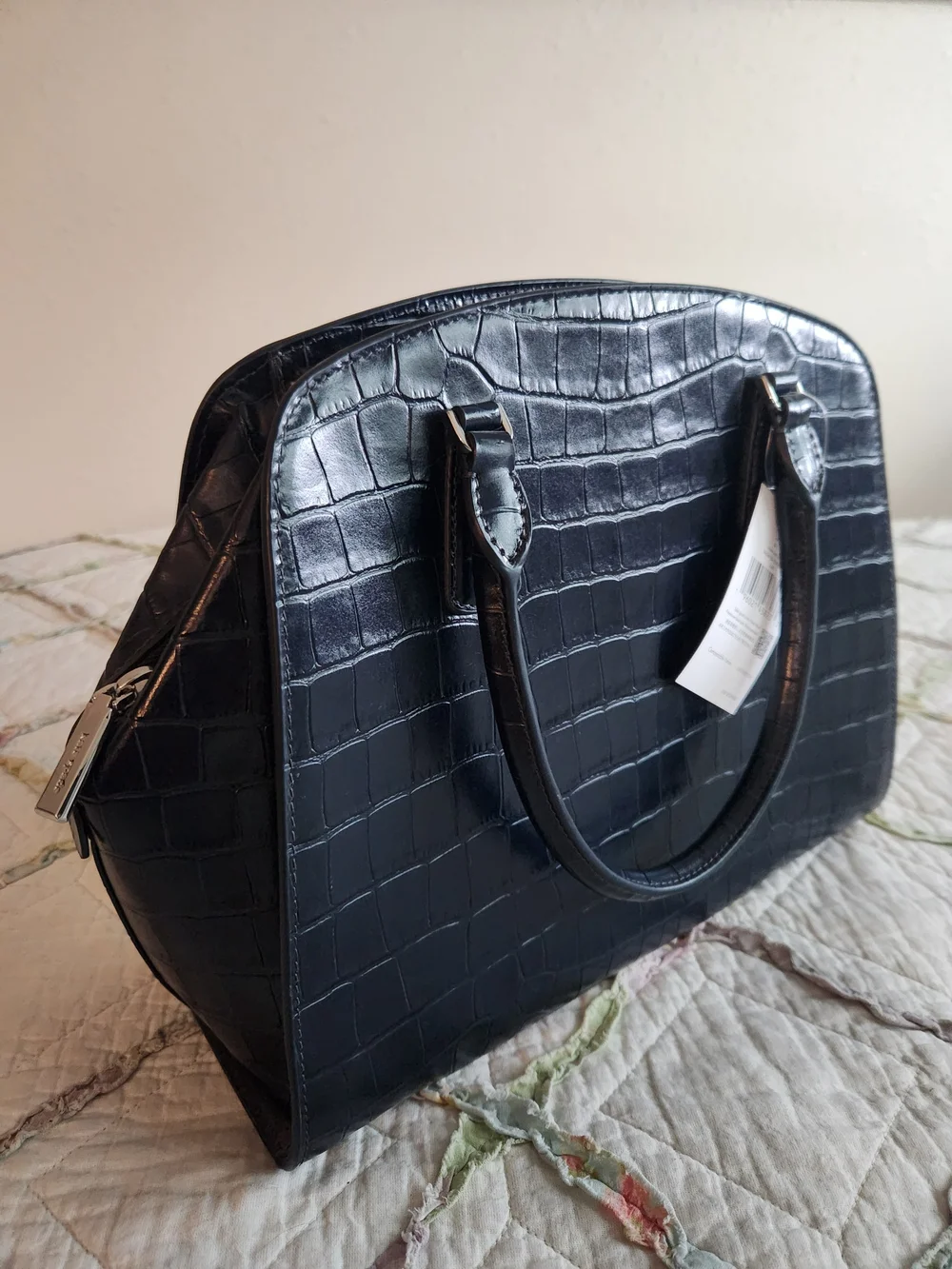Kate Spade Blazer Blue Croc-Embossed Satchel, Silver Hardware, Crossbody Strap